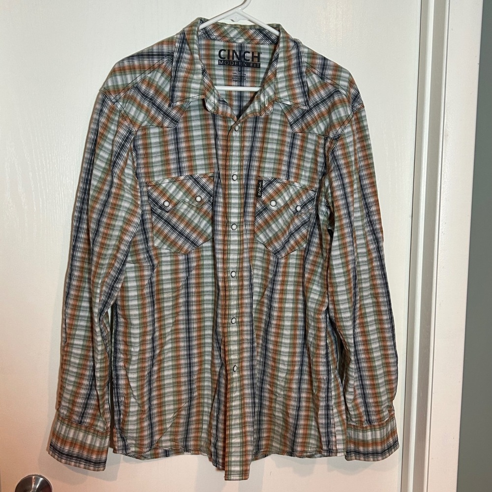 CINCH MODERN FIT Mens Plaid Snap Front Western Shirt Orange Green Blue L
